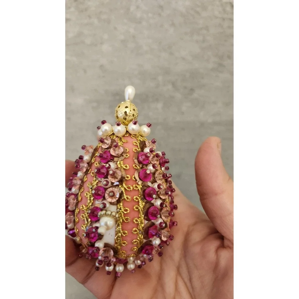 Handmade Beaded Sequin Christmas‎ Ornaments Set 3 Pink Red Multicolor Foam